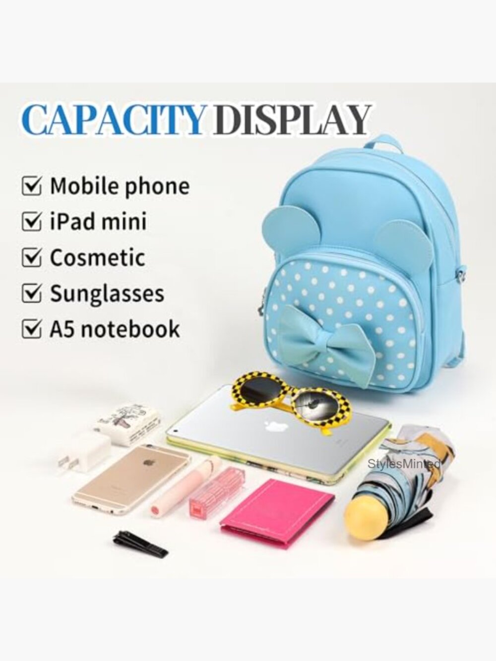 Cute Bowknot Polka Dot Mini Backpack - Adjustable Strap Kids Women Daypack - Picture 5 of 7